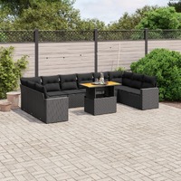  11 Piece Garden Sofa Set with Cushions Black Poly Rattan