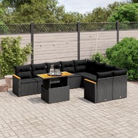  10 Piece Garden Sofa Set with Cushions Black Poly Rattan