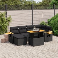  7 Piece Garden Sofa Set with Cushions Black Poly Rattan