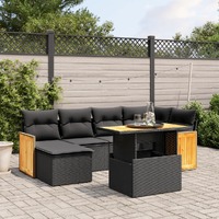  7 Piece Garden Sofa Set with Cushions Black Poly Rattan