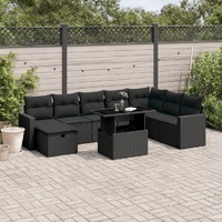  9 Piece Garden Sofa Set with Cushions Black Poly Rattan