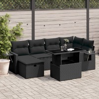  7 Piece Garden Sofa Set with Cushions Black Poly Rattan