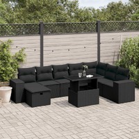  9 Piece Garden Sofa Set with Cushions Black Poly Rattan