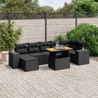  8 Piece Garden Sofa Set with Cushions Black Poly Rattan