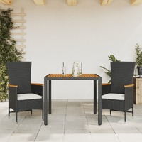  3 Piece Garden Dining Set with Cushions Black Poly Rattan