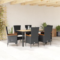  7 Piece Garden Dining Set with Cushions Black Poly Rattan