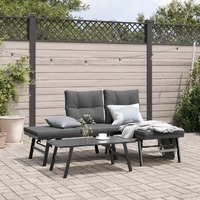  3 Piece Garden Bench Set with Cushions Black Powder-coated Steel