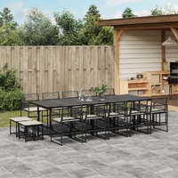  15 Piece Garden Dining Set with Cushions Black Poly Rattan