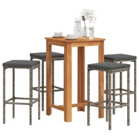  5 Piece Garden Bar Set Grey Solid Wood Acacia and Poly Rattan