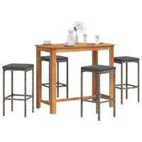 5 Piece Garden Bar Set Grey Solid Wood Acacia and Poly Rattan