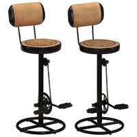  Bar Stools with Canvas Print 2 pcs Brown and Black Real Goat Leather