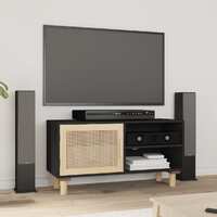  TV Cabinet Black 80x30x40 cm Solid Wood Pine and Natural Rattan