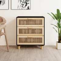  Sideboard Black 60x30x70 cm Solid Wood Pine and Natural Rattan