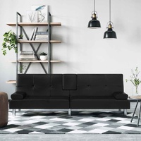  Sofa Bed with Cup Holders Black Faux Leather