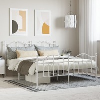  Metal Bed Frame without Mattress with Footboard White 183x203 cm King