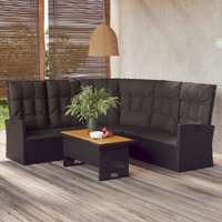  Reclining Corner Sofa with Cushions Black Poly Rattan