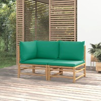  2 Piece Garden Lounge Set with Green Cushions Bamboo