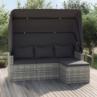  3-Seater Garden Sofa with Roof and Footstool Grey Poly Rattan