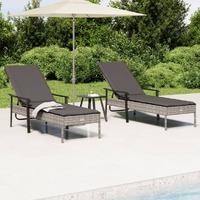 Sun Loungers 2 pcs with Table and Cushions Grey Poly Rattan