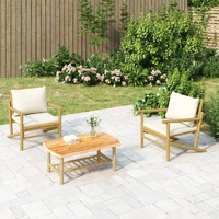  Garden Chairs 2 pcs with Cream White Cushions Bamboo