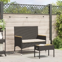  Garden Bench 2-Seater with Cushions and Table Black Poly Rattan