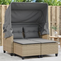 Garden Sofa 2-Seater with Canopy and Stools Beige Poly Rattan