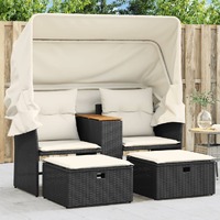  Garden Sofa 2-Seater with Canopy and Stools Black Poly Rattan