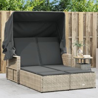  Double Sun Lounger with Canopy and Cushions Light Grey Poly Rattan
