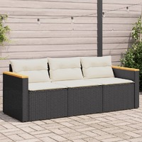  Garden Sofa with Cushions 3-Seater Black Poly Rattan