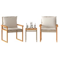  3 Piece Bistro Set with Cushions Mix Beige Poly Rattan Acacia Wood