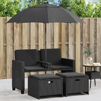  Garden Sofa 2-Seater with Parasol and Stools Black Poly Rattan