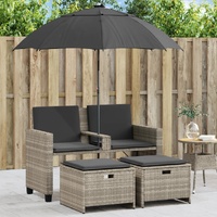  Garden Sofa 2-Seater with Parasol and Stools Light Grey Poly Rattan