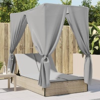  Double Sun Lounger with Roof and Curtains Beige Poly Rattan