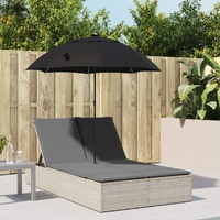  Double Sun Lounger with Cushions&amp;Parasol Light Grey Poly Rattan