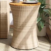  Garden Side Table Drum Shape Beige Poly Rattan and Solid Wood