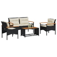  4 Piece Garden Sofa Set with Cushions Black Poly Rattan