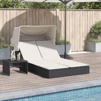  Double Sun Lounger with Canopy and Cushions Black Poly Rattan