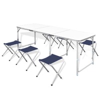  Foldable Camping Table Set with 6 Stools Height Adjustable 180 x 60 cm