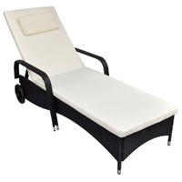  Sun Lounger with Cushion &amp; Wheels Poly Rattan Black