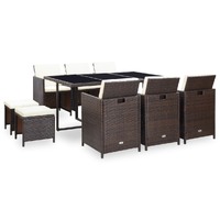  11 Piece Outdoor Dining Set with Cushions Poly Rattan Brown