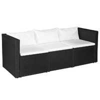  3 Seater Garden Sofa Black Poly Rattan with White Cushions