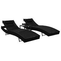  Sun Loungers 2 pcs with Table Poly Rattan and Textilene Black