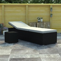  Sun Lounger with Cushion and Tea Table Poly Rattan Cream White