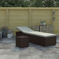  Sun Lounger with Cushion and Tea Table Poly Rattan Brown