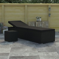  Sun Lounger with Cushion and Tea Table Poly Rattan Black
