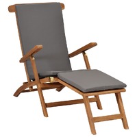  Deck Chair with Cushion Dark Grey Solid Teak Wood