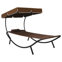  Outdoor Lounge Bed with Canopy &amp; Pillow Brown