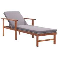  Sun Lounger with Cushion Poly Rattan and Solid Acacia Wood Grey