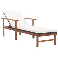  Sun Lounger with Cushion Poly Rattan and Solid Acacia Wood Black