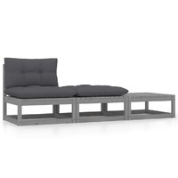  3 Piece Garden Lounge Set with Cushions Grey Solid Pinewood